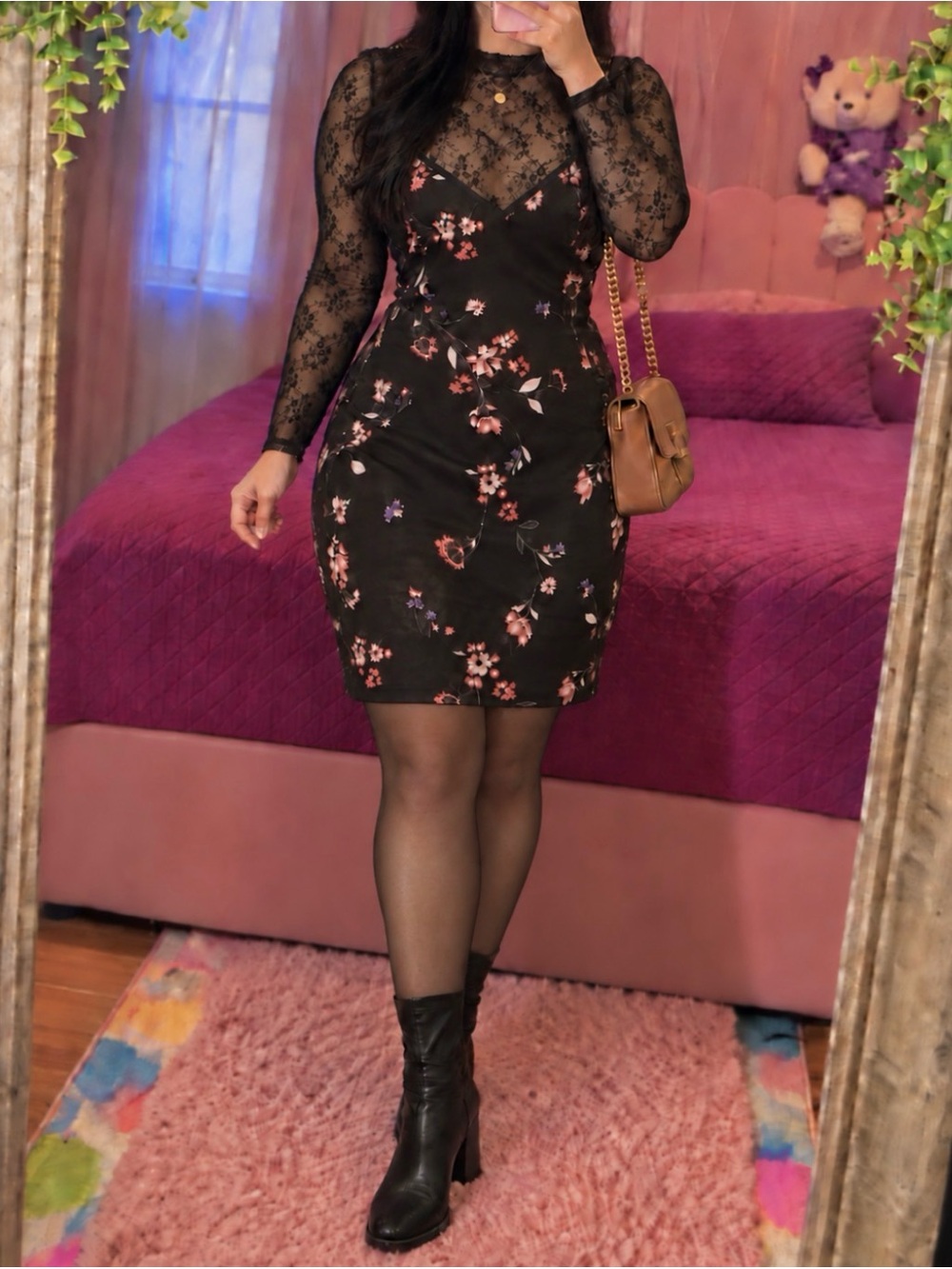 Worthington Black Mini Dress with Pink Floral Print
